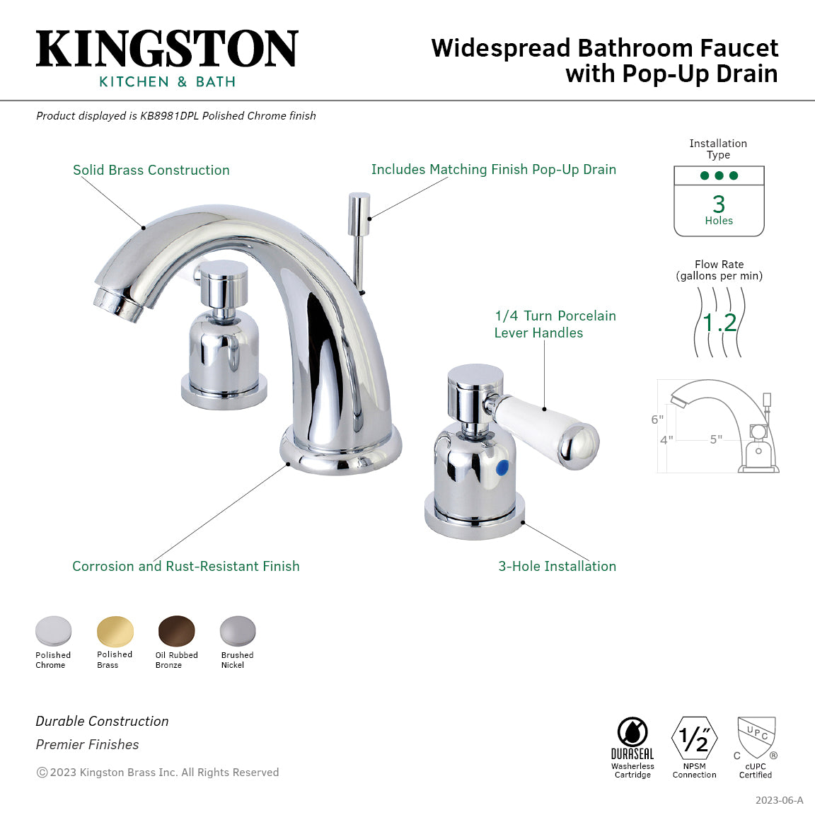 Kingston Heirloom KB8982DPL - Paris Two-Handle 3-Hole Deck Mount Widespread Bathroom Faucet with Pop-Up Drain, Polished Brass — thumbnail 3